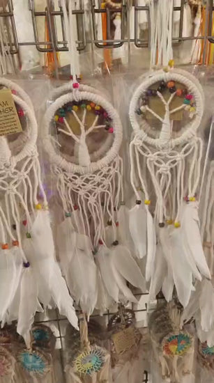 Mini handmade Tree of Life dreamcatcher with cotton cord, wooden beads, and white feathers – 7 cm (2.75 inch) wall hanging decor.