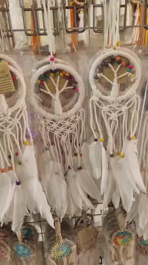 Mini handmade Tree of Life dreamcatcher with cotton cord, wooden beads, and white feathers – 7 cm (2.75 inch) wall hanging decor.