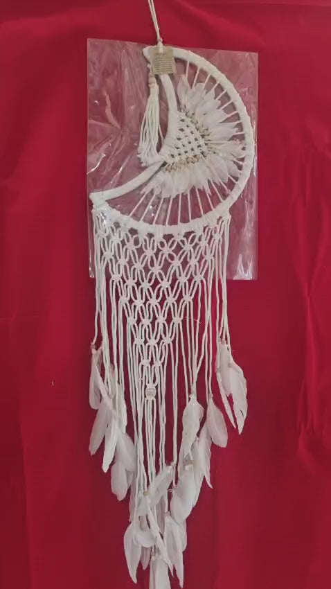 32 cm (12.6") moon-shaped rattan and cotton macrame dreamcatcher with fringe for bohemian wall décor