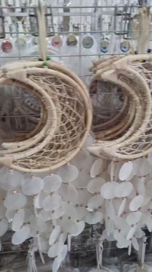 Bohemian rattan crescent moon dreamcatcher with seashell accents, 22 cm handmade wall decor