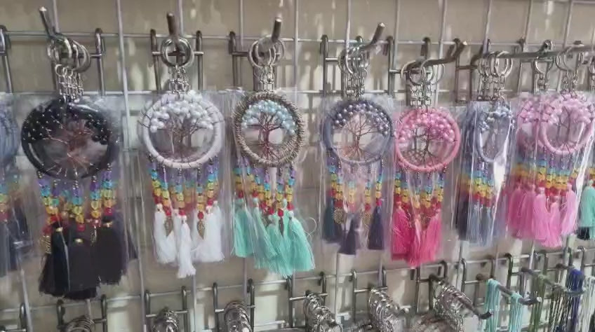 Boho handmade dreamcatcher keychain with tassels, rainbow beads, and Tree of Life design – perfect bag or car accessory