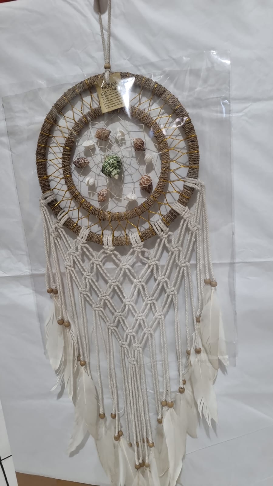 Large boho dreamcatcher with agel wrapped hoop, macrame knots, white feathers, and sea shell decor – 25cm handmade coastal wall hanging

