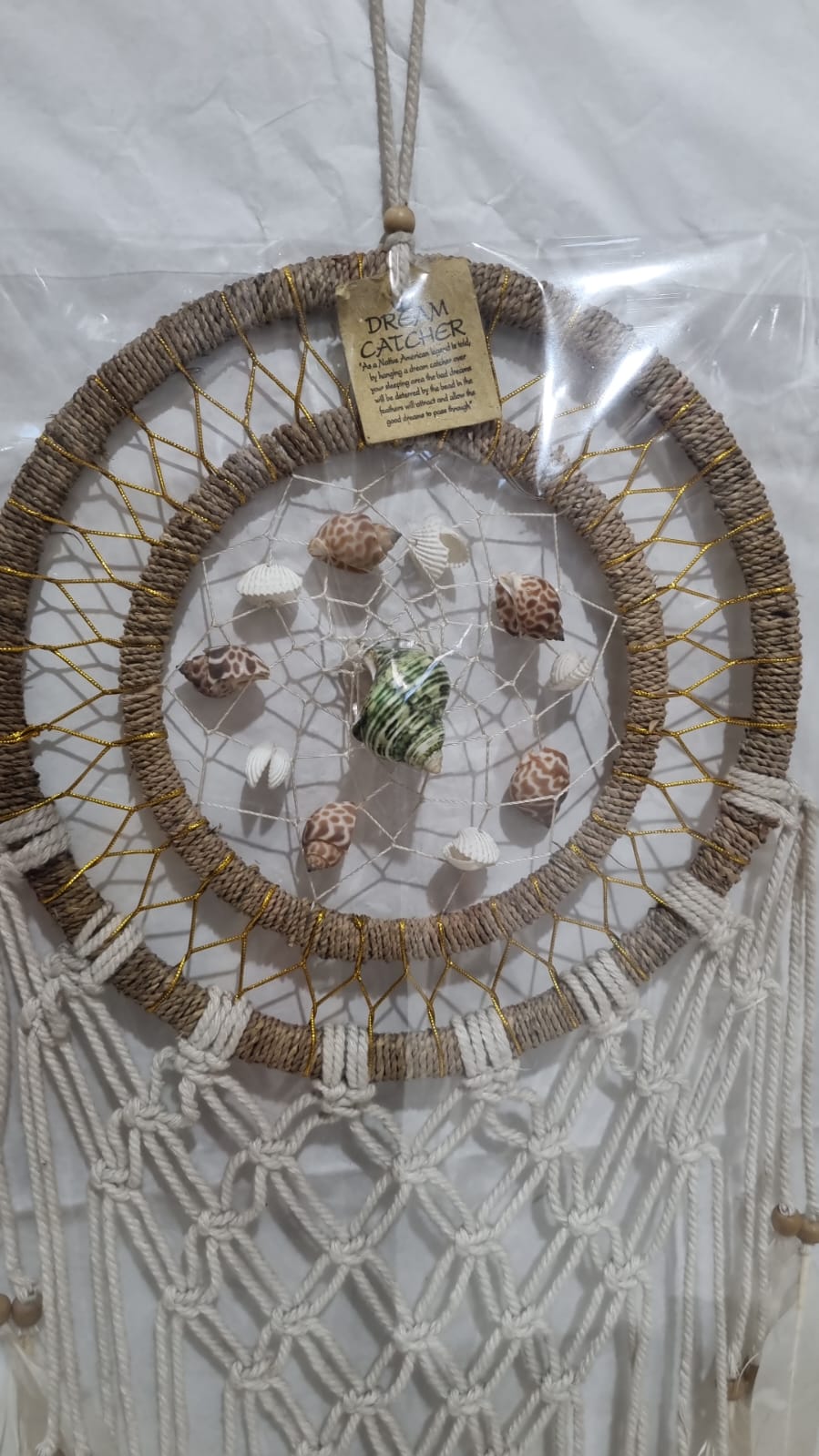 Large boho dreamcatcher with agel wrapped hoop, macrame knots, white feathers, and sea shell decor – 25cm handmade coastal wall hanging

