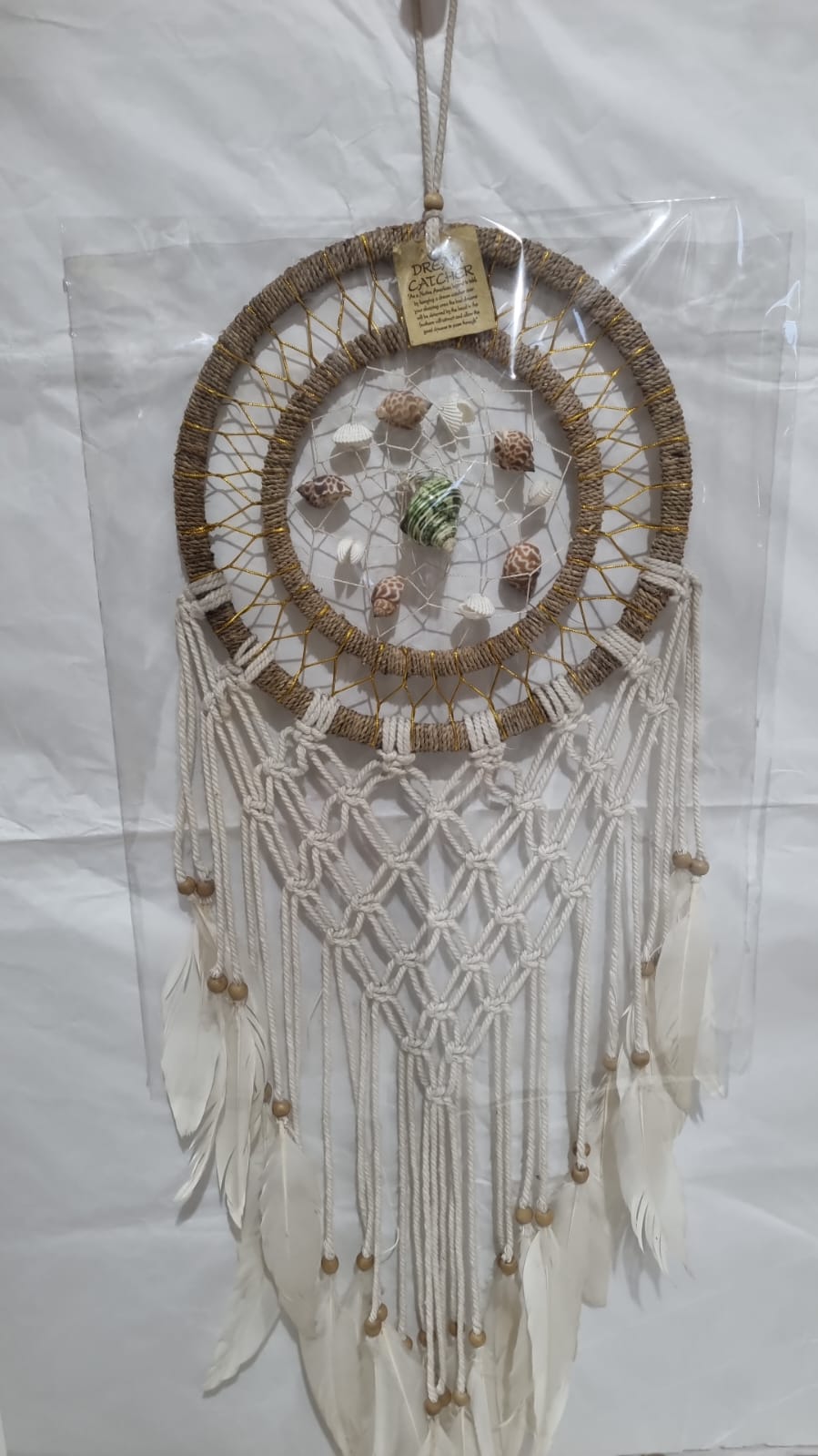 Large boho dreamcatcher with agel wrapped hoop, macrame knots, white feathers, and sea shell decor – 25cm handmade coastal wall hanging

